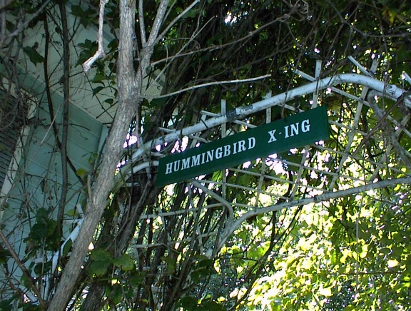 Hummingbird crossing sign over garden entrance